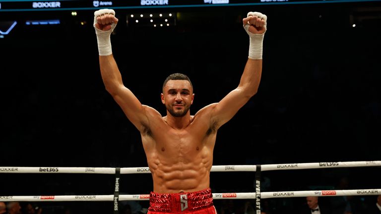 Callum Simpson celebrates his win over Boris Crighton (Image: Lawrence Lustig/Boxxer)