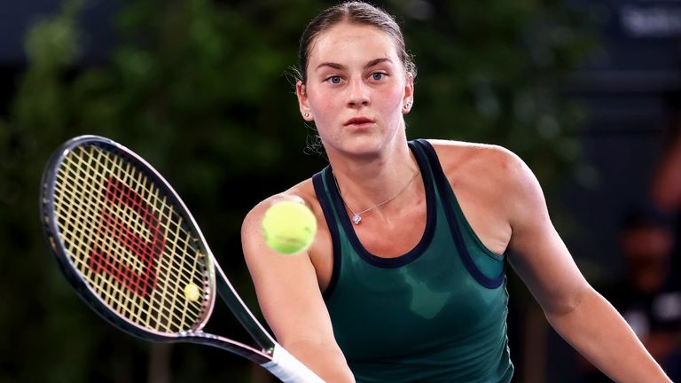 ADELAIDE, AUSTRALIA - JANUARY 06: Marta Kostyuk of Ukraine volleys the ball during the Adelaide International tennis match between Ons Jabeur of Tunisia and Marta Kostyuk of Ukraine at Memorial Drive on January 06, 2023 in Adelaide, Australia. (Photo by Peter Mundy/Speed Media/Icon Sportswire) (Icon Sportswire via AP Images)