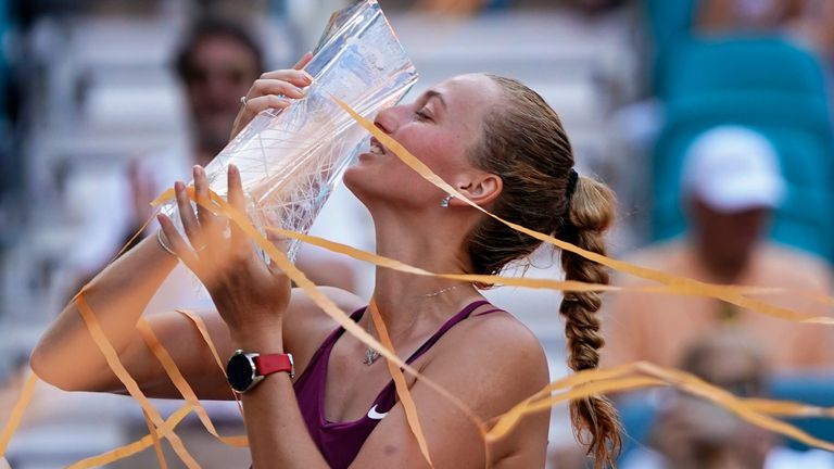 Petra Kvitova, of the Czech Republic, kisses her trophy after she beat Elena Rybakina, of Kazakhstan, during the women&#39;s singles finals of the Miami Open tennis tournament, Saturday, April 1, 2023, in Miami Gardens, Fla. (AP Photo/Wilfredo Lee)