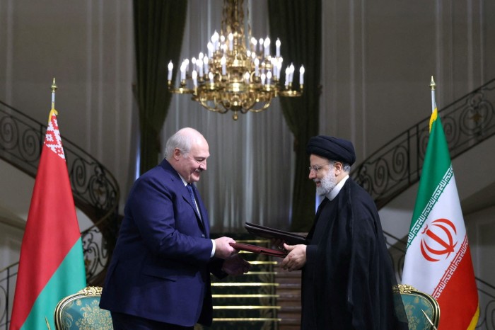 Presidents Alexander Lukashenko of Belarus and Ebrahim Raisi of Iran in Tehran. Lukashenko is trying to counterbalance his economy’s reliance on Russia by forging closer ties with Iran and China  