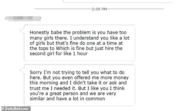 The drug-fueled festivities may have been too much even for the hooker, who texted Hunter, 'Honestly babe the problem is you have too many girls there. I understand you like a lot of girls that's fine do one at a time'