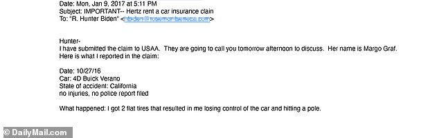 Hunter's lie about his rental car crash was compounded by an assistant at his company, Rosemont Seneca.  In a January 9, 2017 email to Hunter she wrote, 'Here is what I reported in the claim: … What happened: I got 2 flat tires that resulted in me losing control of the car and hitting a pole.'