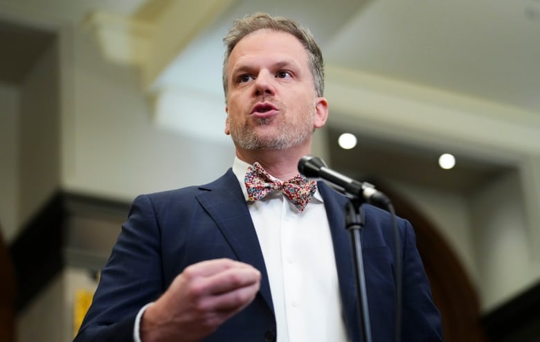 A bearded man in a bow tie stands before a microphone.