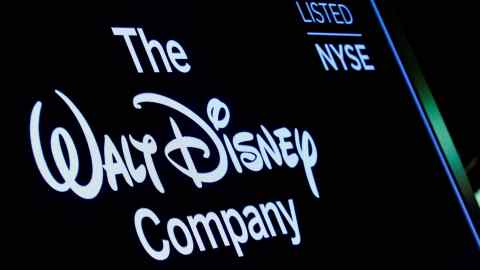 A screen shows the logo and a ticker symbol for The Walt Disney Company on the floor of the New York Stock Exchange