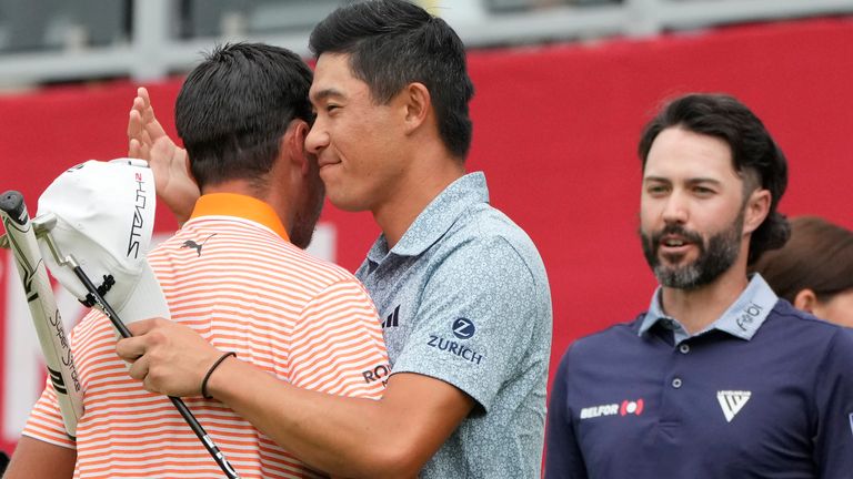 Rickie Fowler (left) defeated Collin Morikawa (centre) and Adam Hadwin (right) in a play-off to win the Rocket Mortgage Classic