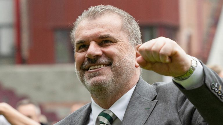 EDINBURGH, SCOTLAND - MAY 07: Celtic manager Ange Postecoglou celebrates after securing the league title during a cinch Premiership match between Heart of Midlothian and Celtic at Tynecastle Park, on May 07, 2023, in Edinburgh, Scotland.  (Photo by Ross Parker / SNS Group)