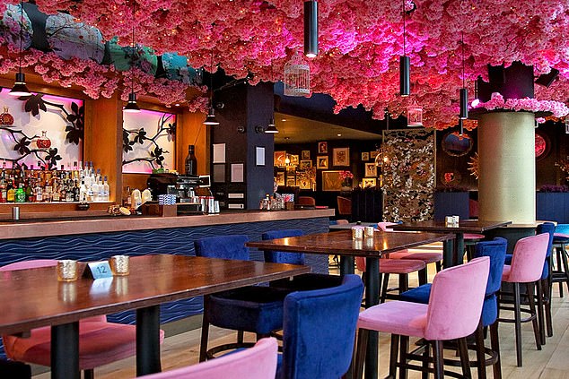 Zizzi Italian eaterie and the Blossom Room (pictured), which serves champagne and sushi, get their heat and electricity, along with all the other outlets in the complex, from a green power station a few hundred yards down the road