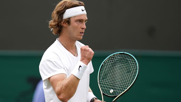 Andrey Rublev celebrates winning a third set against Marton Fucsovics on court 2 on day seven of Wimbledon at The All England Lawn Tennis and Croquet Club, Wimbledon. Picture date: Monday July 5, 2021.