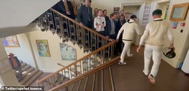 Aussie cricket players make their way up the stairs at Lord's while being abused by members in scenes that saw three patrons suspended by the Marylebone Cricket Club