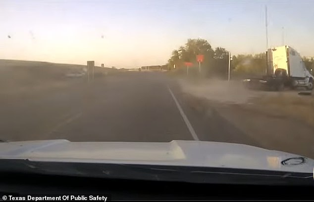 After narrowly avoiding several other oncoming vehicles, including multiple other 18-wheelers, the truck veered off-road into some nearby brush - during which the driver and 12 migrants attempted to flee on foot