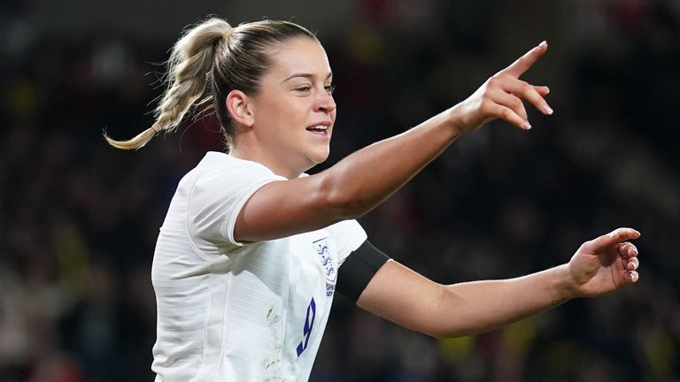 Alessia Russo celebrates scoring for England