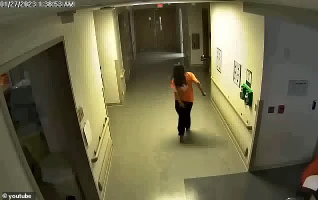 The high school senior can be seen holding her backside while running to the bathroom just moments before giving birth at Artesia General Hospital on January 27