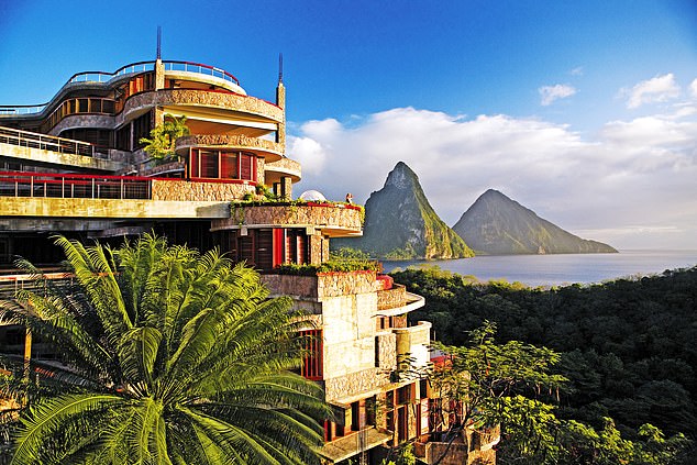 The pilots had no option but to continue on to St Lucia's Hewanorra international airport in Vieux Fort as the brutal fight raged on in the cabin (Soufriere, St. Lucia; Jade Mountain pictured)