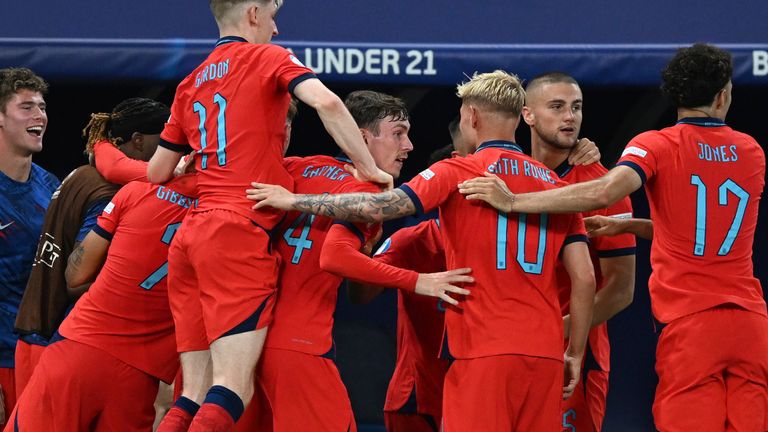 England&#39;s players celebrate doubling their lead after VAR rules in favour of Cole Palmer