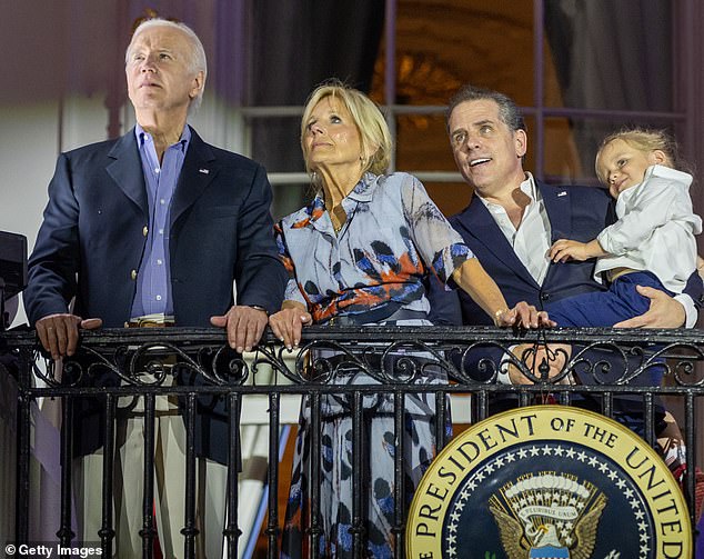 Critics of the first family say President Joe Biden's addict son Hunter (second from right) is to blame for the drugs in the White House. Pictured: President Joe Biden, first lady Jill Biden, Hunter Biden and son Beau, three, watch fireworks from the White House Truman Balcony on Tuesday, July 4, 2023