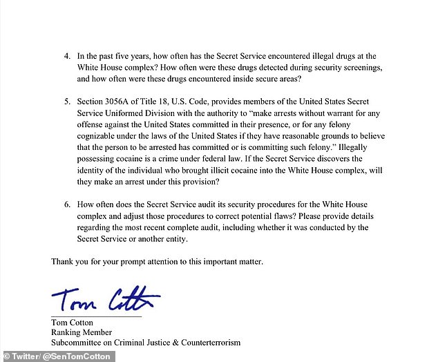 Cotton's letter lays out three questions, including how often drugs have been found in the White House in the last five years