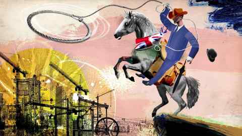 An illustration of a horseman wearing a blue striped suit and cowboy hat, carrying an umbrella and with a blower hat in the air. The horse has a union jack flag around its neck and is on its hind legs, while the rider tries to throw a lasso at a depiction of an industrial complex