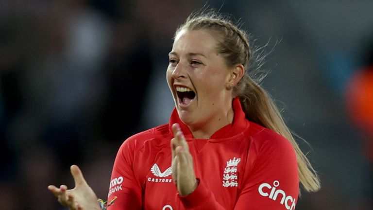 Sophie Ecclestone celebrates England&#39;s win in the second T20 international against Australia at The Oval