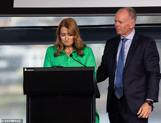 Constable Woods' wife Emily (pictured) took to the podium during the moving funeral in the fallen police officer's honour