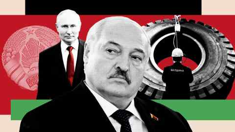 Alexander Lukashenko, Vladimir Putin and an employee of Belshina tyre company in Belarus, set against the colours of the flag