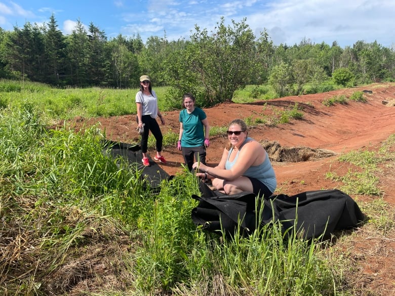 Three women building a new wetland 