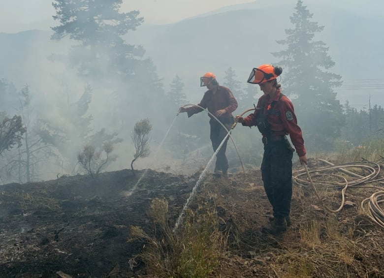 Firefighters in red jumpsuits with hoses spray at blackened ground to put out hot spots from a fire. They are surrounded by smoke. 