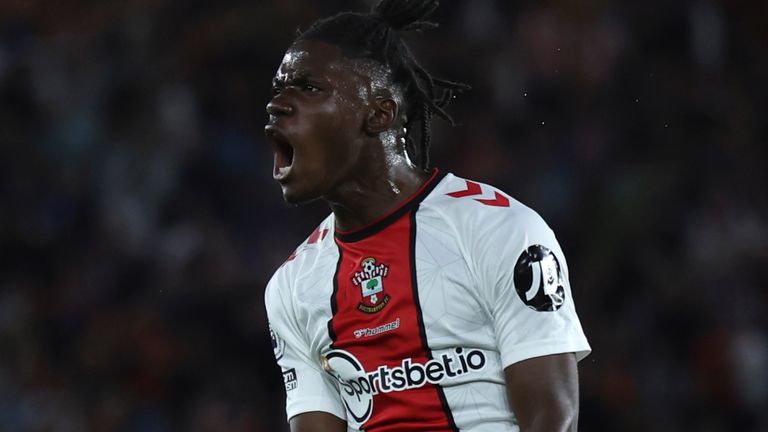 Southampton&#39;s Romeo Lavia celebrates after scoring the opening goal against Chelsea