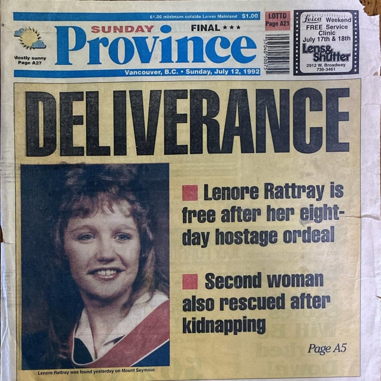 A newspaper frontpage reads 'DELIVERANCE: Lenore Rattray is free after her eight-day hostage ordeal. Second woman also rescued after kidnapping' next to a picture of a white woman.