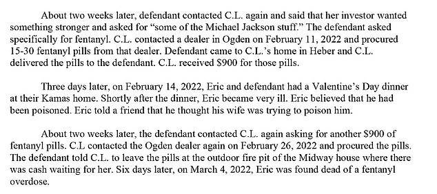 Court documents show the charges brought against Richins and how she paid $1800 for the pills allegedly used to kill her husband. The initials C.L. are now understood to be housekeeper Carmen Marie Lauber