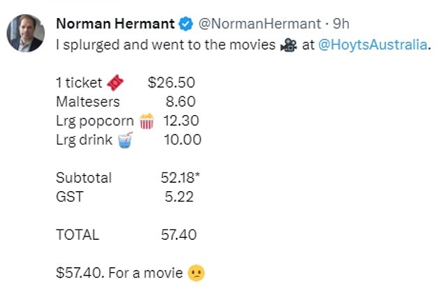 Mr Hermant also shared a breakdown of his receipt (above) with many commenters surprised by the markup of snacks