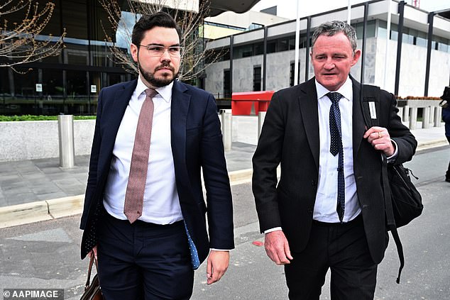 Bruce Lehrmann is pictured, left, with his barrister Steven Whybrow outside ACT Supreme Court in October