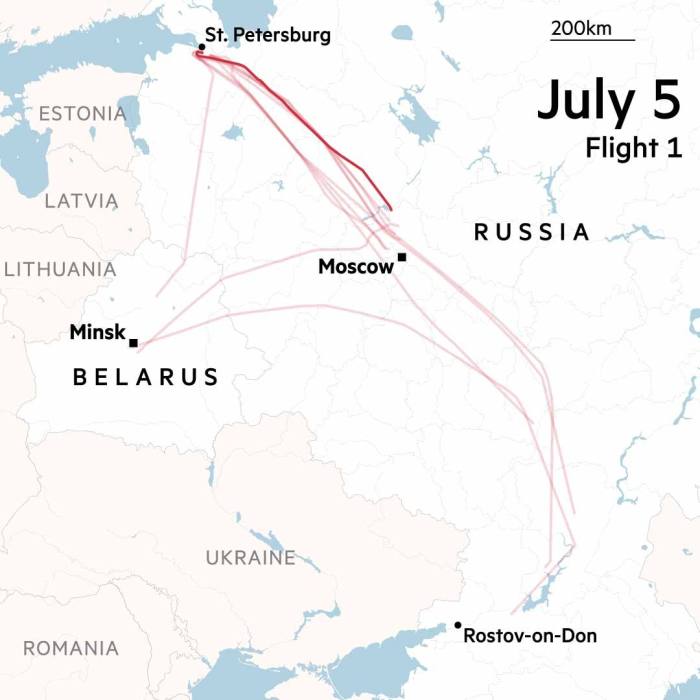 The flight paths of Prigozhin’s private jet between June 25 and July 6