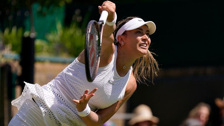 Spain&#39;s Paula Badosa serves to Ukraine&#39;s Marta Kostyuk in a women&#39;s singles match on day five of the Wimbledon tennis championships in London, Friday, July 7, 2023. (AP Photo/Alberto Pezzali)