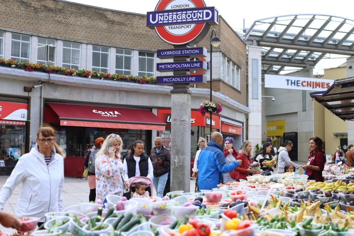 A fruit and veg stall outside Uxbridge underground station