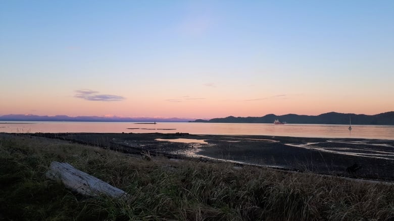 A view of the ocean and mountains from a beach with the sky in soft pink light.