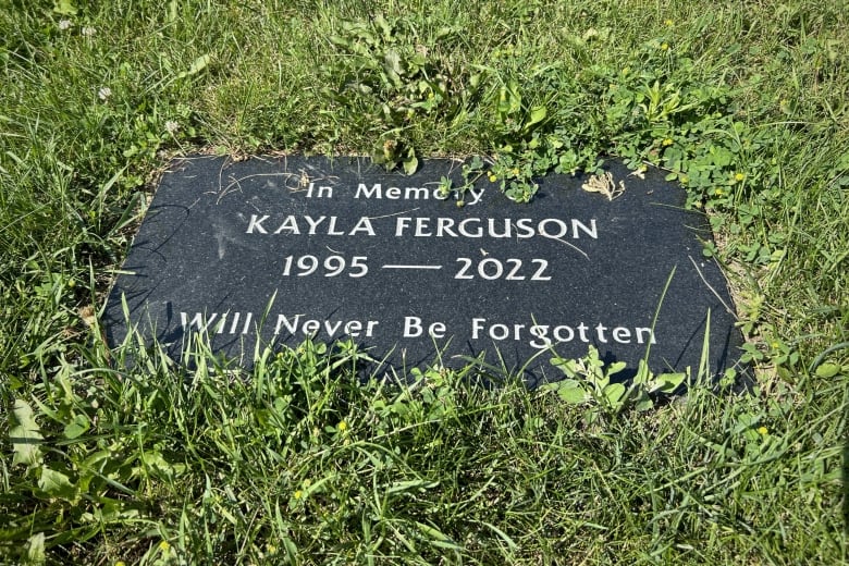 Plaque in Kayla Ferguson's memory in Carleton Junction park, July 6, 2023