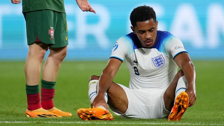 England&#39;s Jacob Ramsey sits on the pitch after picking up an injury