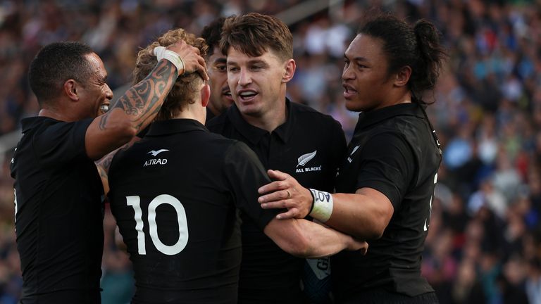 New Zealand's Beauden Barrett celebrates scoring a try with teammates during a rugby championship match against Argentina's Los Pumas at Malvinas Argentinas stadium in Mendoza, Argentina, Saturday, July 8, 2023. (AP Photo/Nicolas A