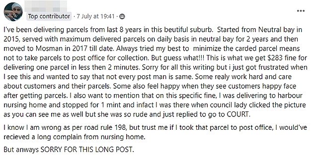 Umair Khan has taken to the Mosman Living Facebook page, which details life in the north shore Sydney suburb of the same name, to complain about a $283 fine (pictured)