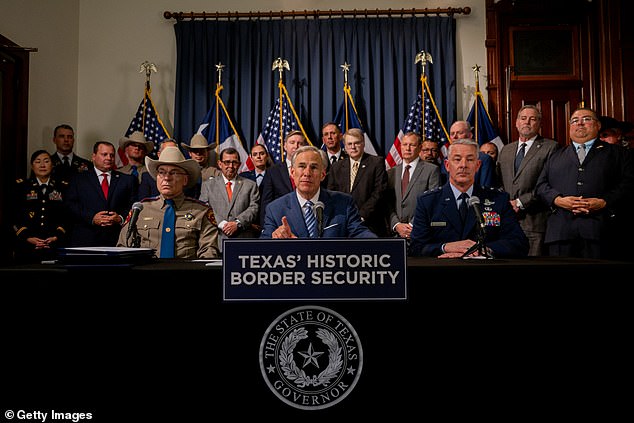 Governor Greg Abbott is seen on June 8 announcing the plan for the buoys in the river