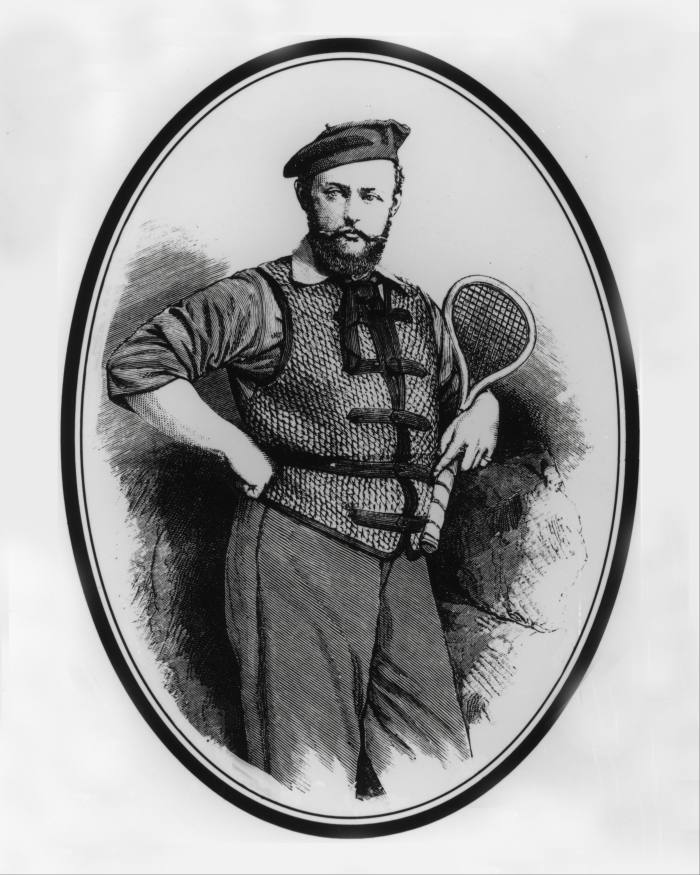 An illustrated portrait of Major Walter Wingfield, holding a tennis racket