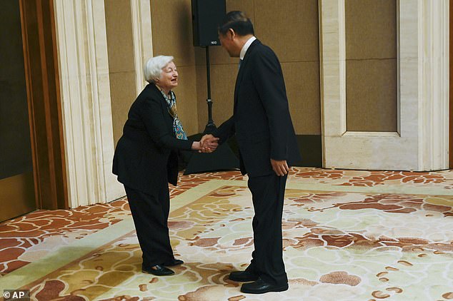 Janet Yellen, the treasury secretary, is seen bowing as she meets China's vice premier, He Lifeng