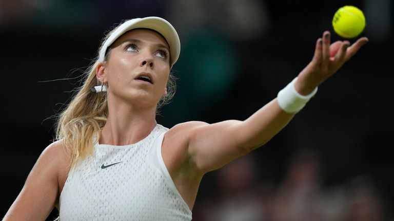 Britain&#39;s Katie Boulter serves to Kazakhstan&#39;s Elena Rybakina in a women&#39;s singles match on day six of the Wimbledon tennis championships in London, Saturday, July 8, 2023. (AP Photo/Alastair Grant)