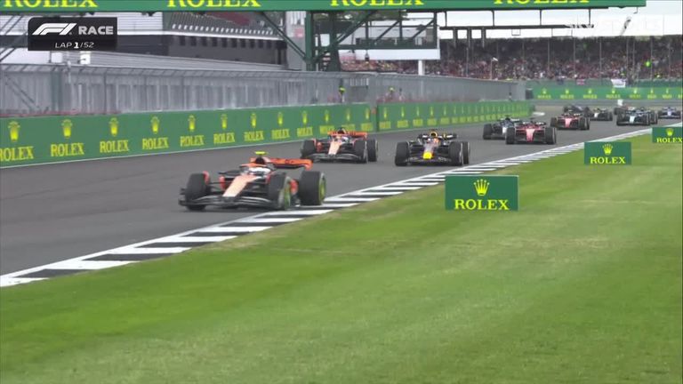 Lando Norris overtakes Max Verstappen at the start to lead the British GP