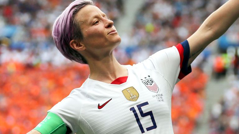 FILE - In this July 7, 2019 file photo, United States&#39; Megan Rapinoe celebrates after scoring the opening goal from the penalty spot during the Women&#39;s World Cup final soccer match against The Netherlands at the Stade de Lyon in Decines, outside Lyon, France. (AP Photo/Francisco Seco, File)