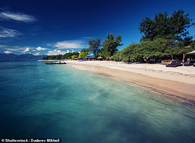 The family's travel insurer, Allianz, paid for them to take a helicopter off Gili Trawangan (above) to catch a flight back home to Melbourne on Sunday