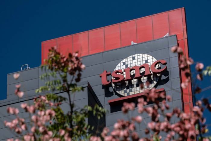 TSMC’s logo with cherry blossoms in the foreground