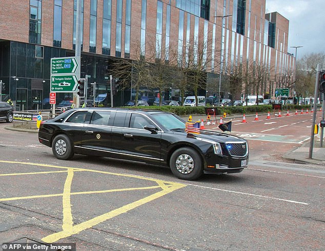 The Beast featured the Stars and Stripes and the presidential standard on its bonnet on his brief visit to Northern Ireland in April