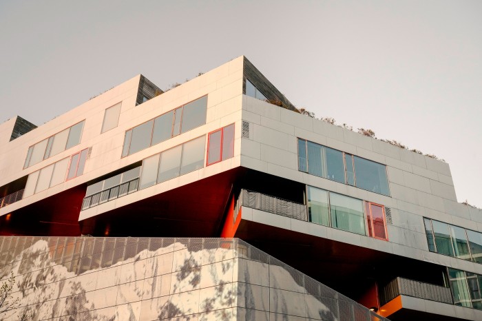 A murals of mountain beneath apartments in the Bjerget housing complex