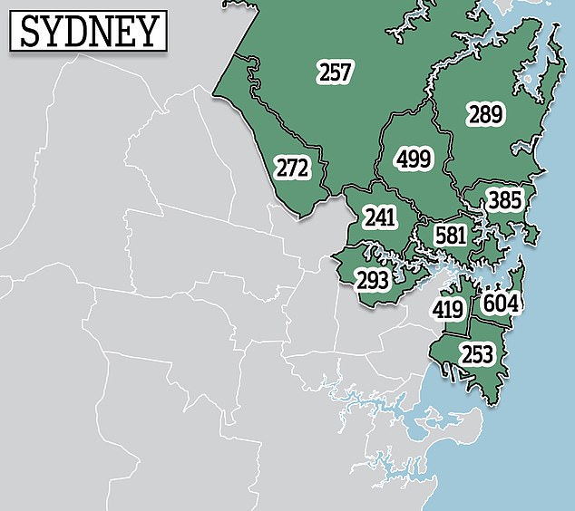 The well-heeled suburbs of Sydney (map pictured), Melbourne and Brisbane dominate the top 20 list of where the fully-electric cars are registered, with the Gold Coast also particularly enthusiastic (clockwise from top right are the electorates of Mackellar, Warringah, North Sydney, Wentworth, Kingsford Smith, Sydney, Bennelong, Reid, Mitchell, Berowra and Bradfield)